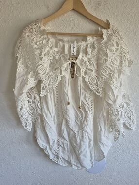 NWT Andy V White Crochet Boho Long Sleeve Blouse Womens Size L